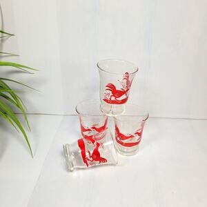 4 Vintage Fighting Rooster, Oyster Fruit Cocktail Juice Glasses, MCM Decor